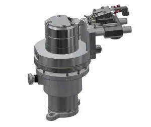 Kompakte mechanische Baugruppe mit Gehäuse, Antrieb, Halterungen und Anschlüssen.