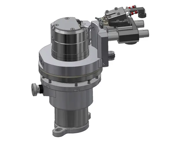 Kompakte mechanische Baugruppe mit Gehäuse, Antrieb, Halterungen und Anschlüssen.